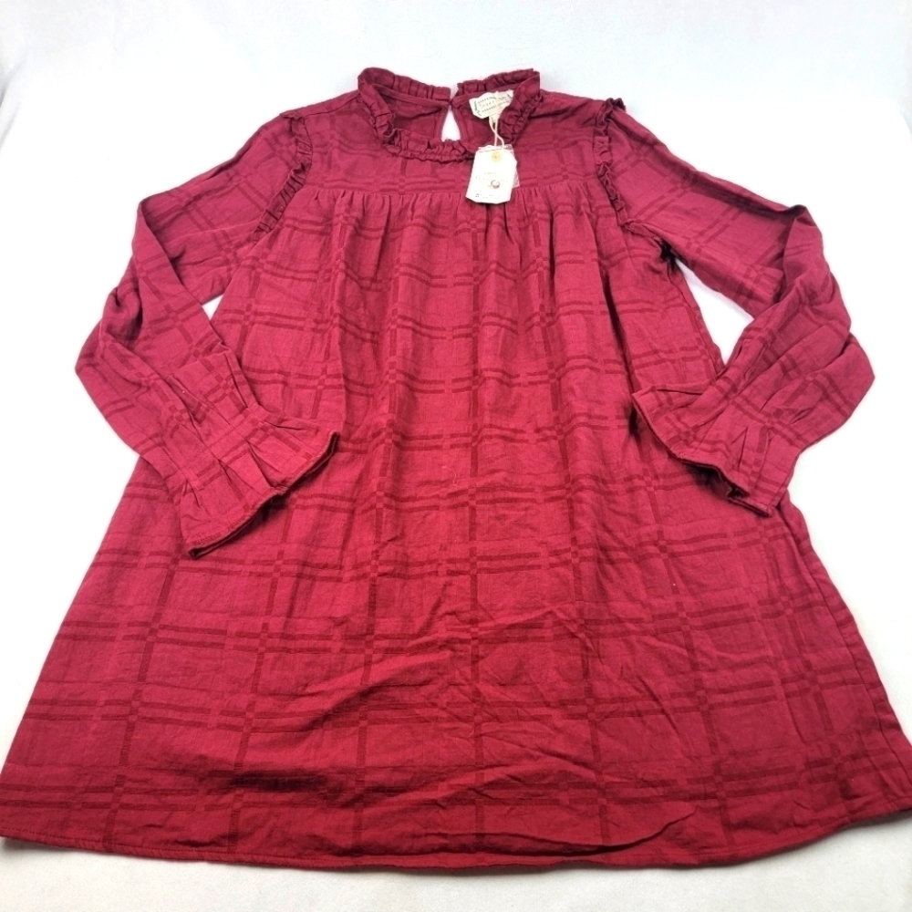 NWT love riche burgundy longsleeve raw ruffle‎ trim babydoll dress